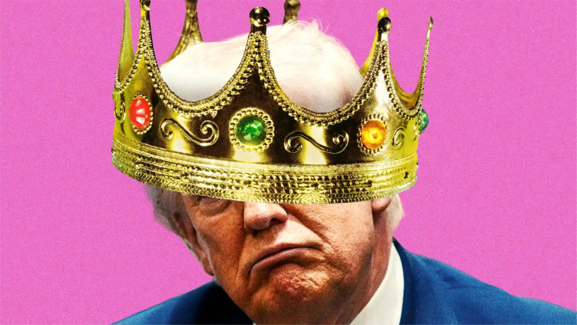 Photoillustration of Donald Trump frowning with crown on head