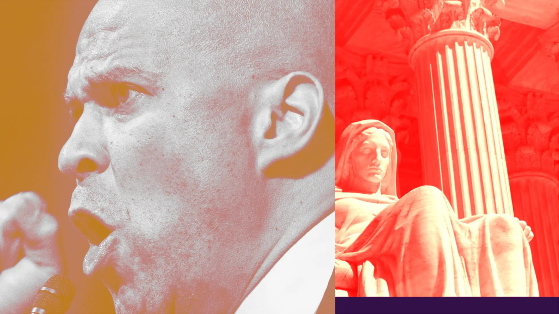 Sen. Cory Booker giving an animated speech and a statue outside of the Supreme Court building