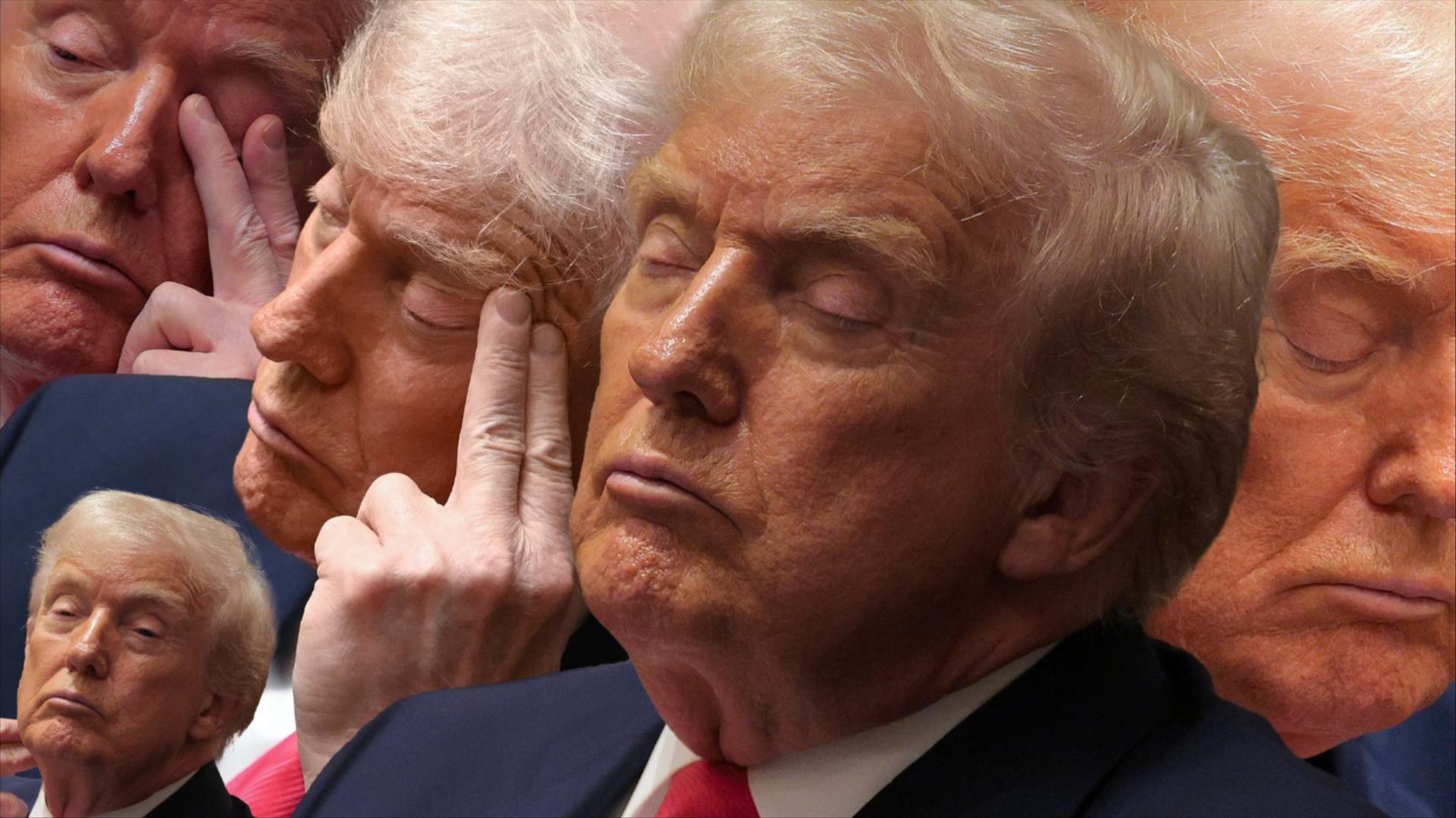 A collage of President Trump nearly falling asleep during his cabinet meeting on Dec. 2, 2025. It combines 5 separate photos