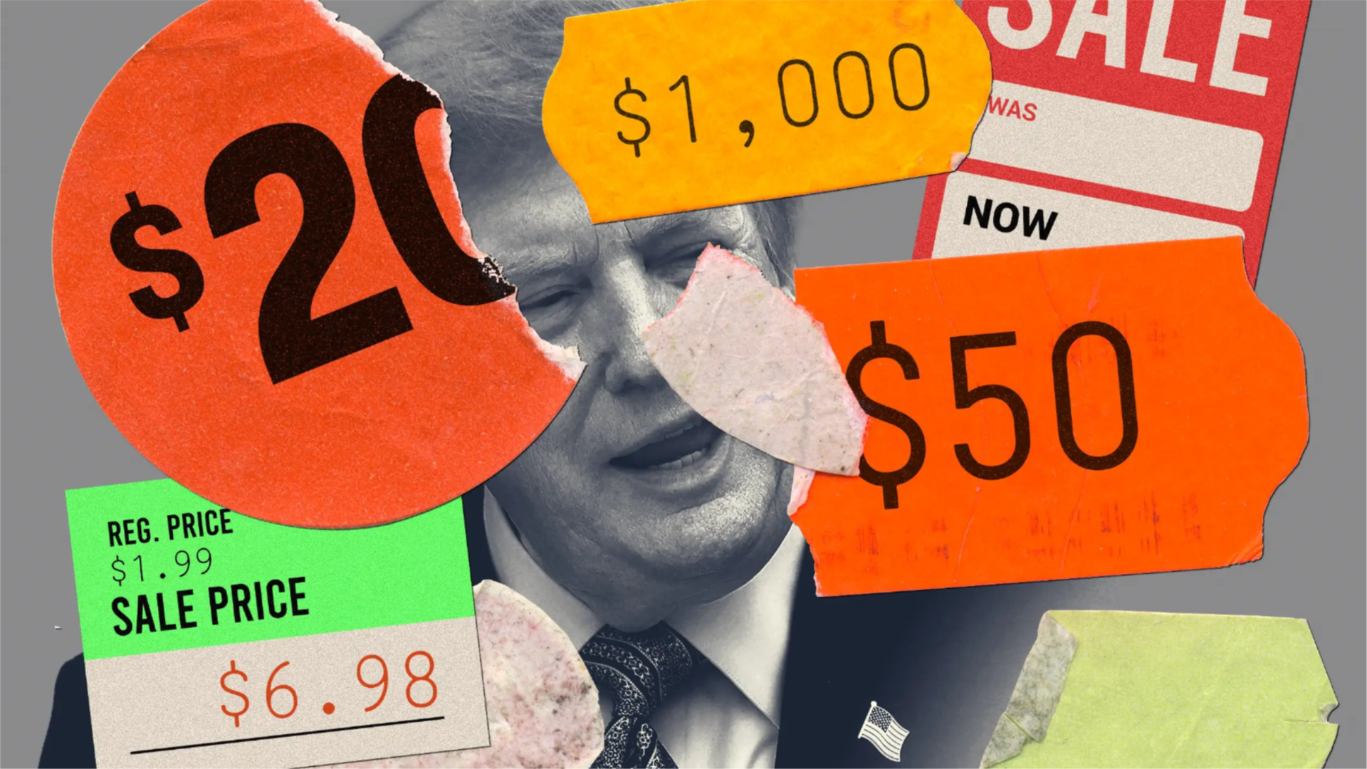 Trump and price tags with various high prices