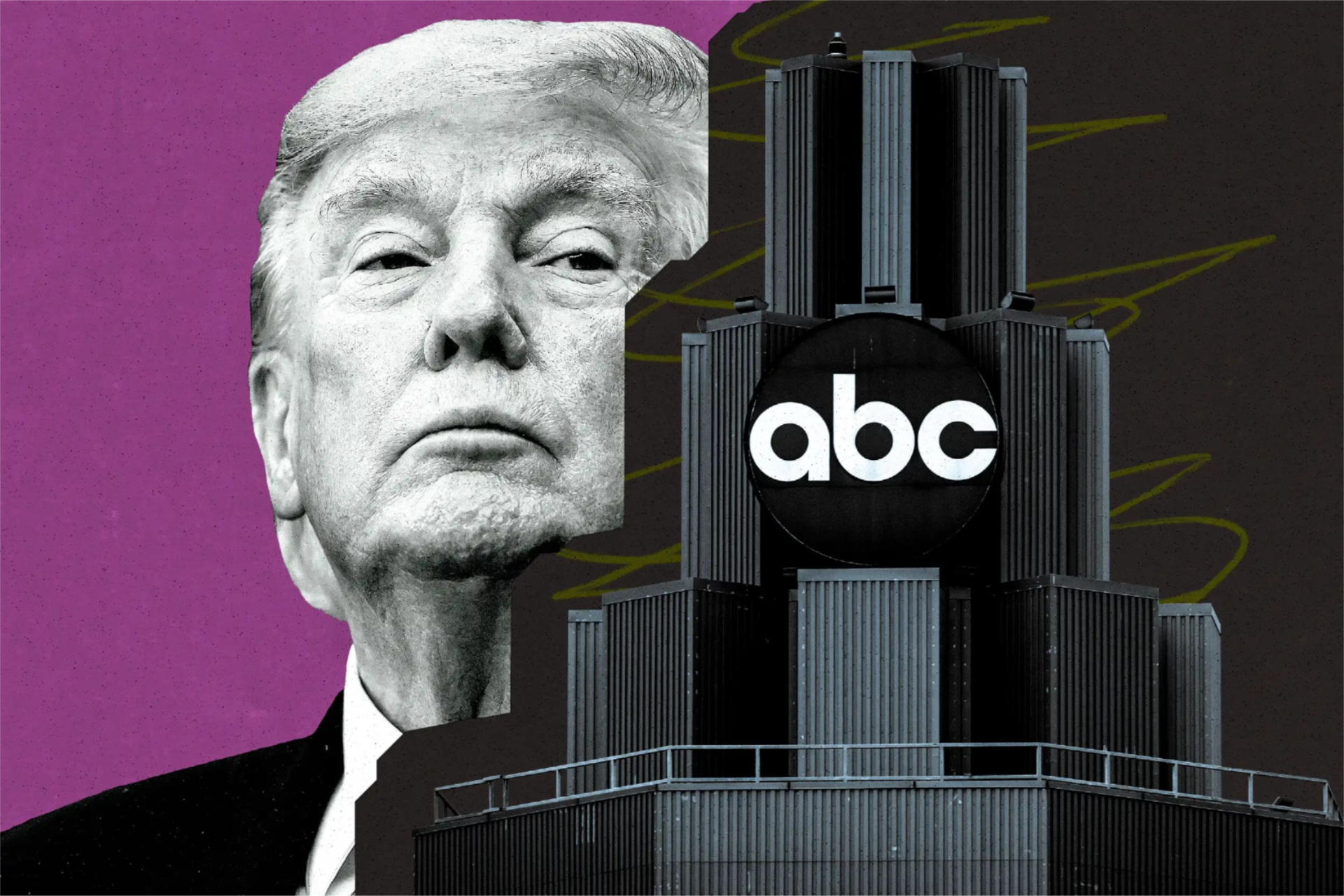 Donald Trump appears beside an ABC logo on a tower against a purple and black background.