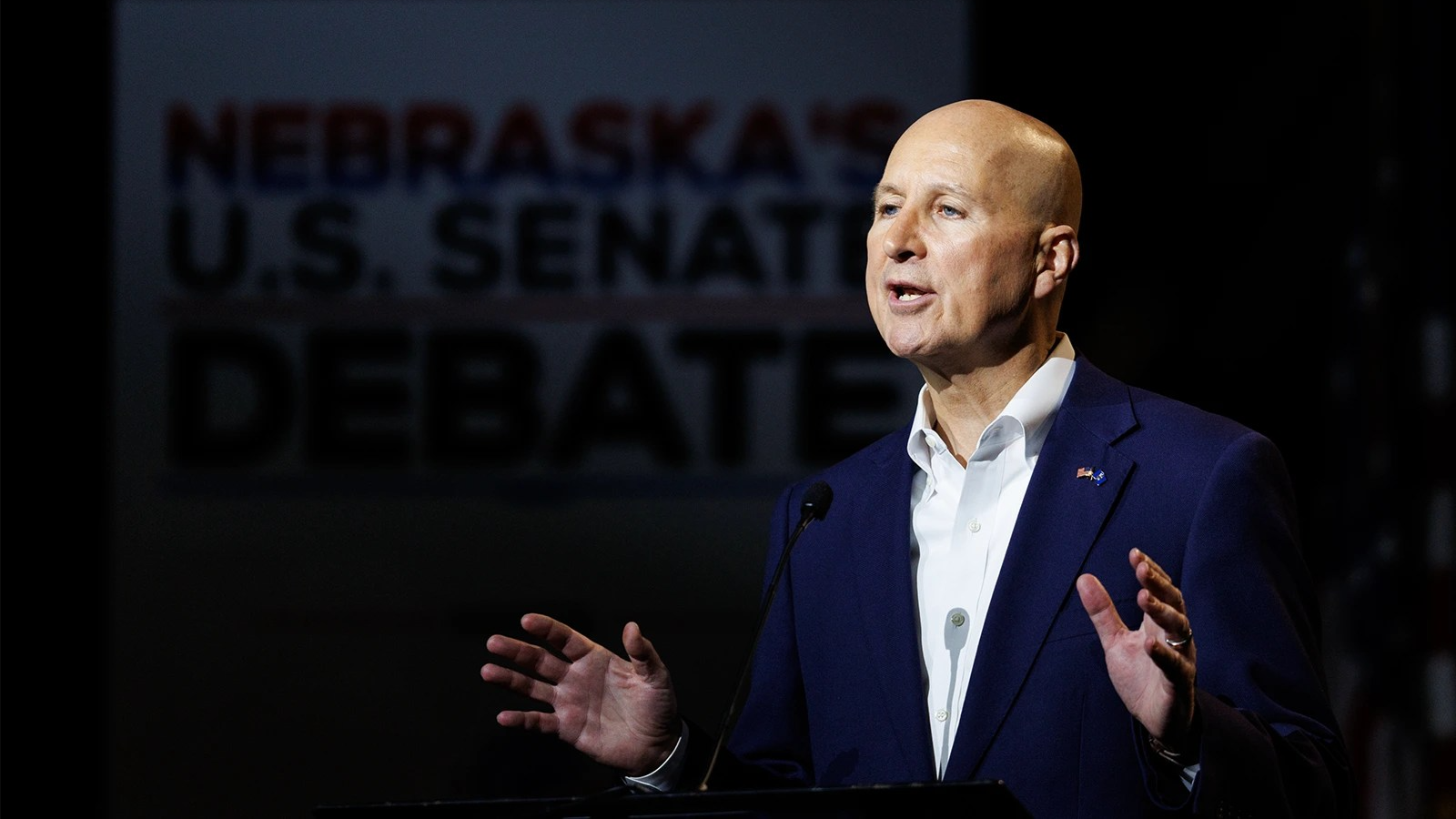 Sen. Pete Ricketts participates in a Senate debate with Dan Osborn, not pictured, at the Nebraska State Fair on Sept. 1, 2026, in Grand Island, Nebraska