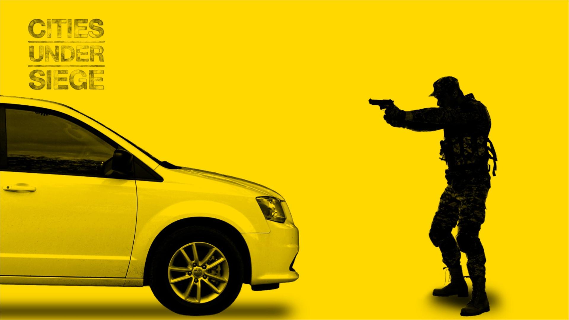 An illustration of an agent pointing a gun at a minivan while standing in front of it