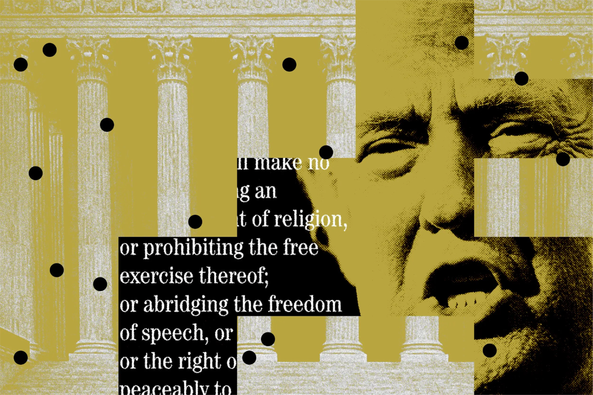 Photo-illustration of Donald Trump and text of the First Amendment with the Lincoln Memorial in the background