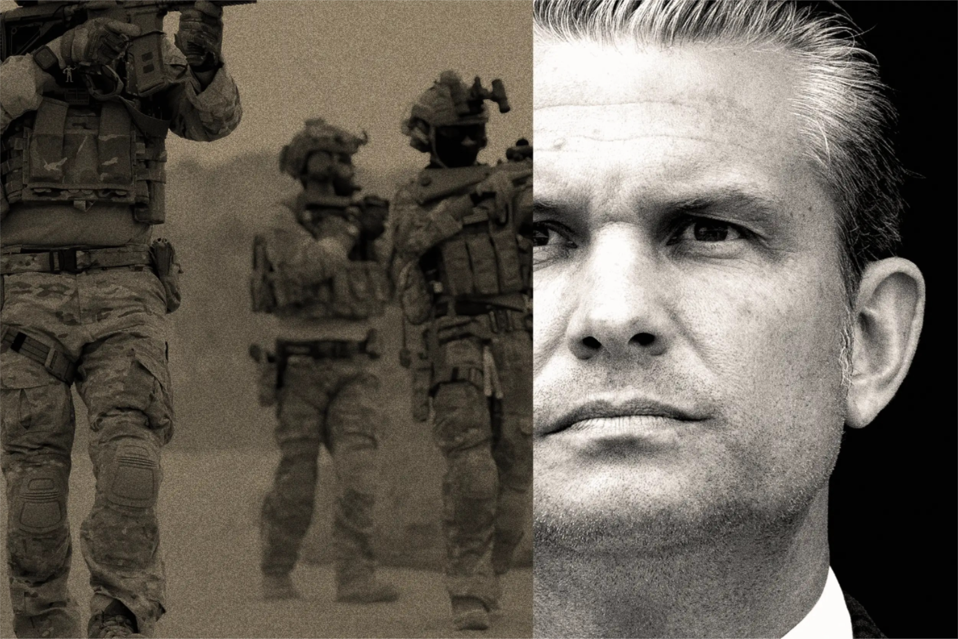 Photoillustration of a split-screen between Pete Hegseth and soldiers.