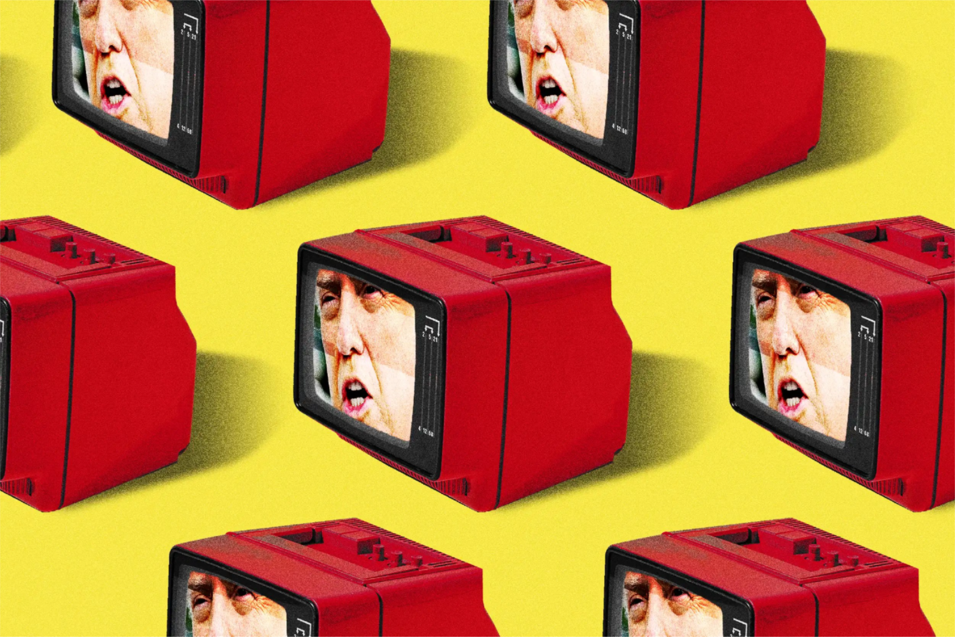 Photoillustration of red vintage televisions displaying Donald Trump’s face against a yellow background.