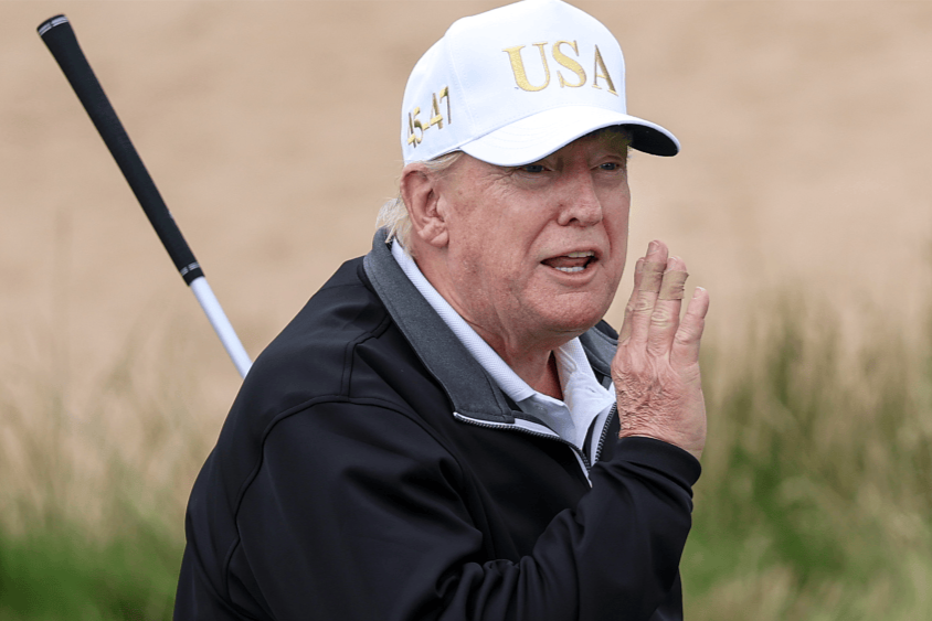 Donald Trump tees off after opening of his new golf course at his Trump International Golf links resort on July 29, 2025 in Balmedie, Scotland