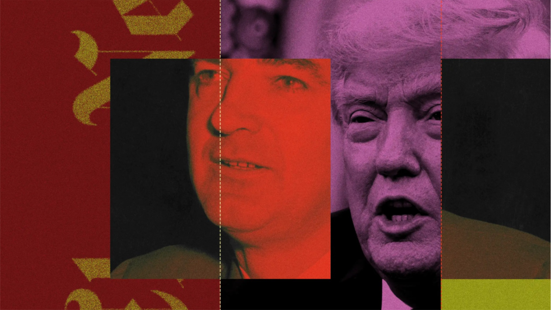 Photoillustration of Joe McCarthy and Donald Trump in overlapping red and purple portraits against abstract graphic shapes.