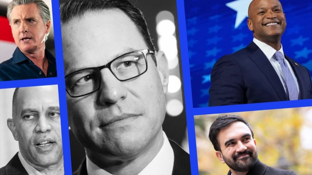 California Governor Gavin Newsom, Pennsylvania Governor Josh Shapiro, Maryland Governor Wes Moore, New York City Mayor-elect Zohran Mamdani, and House Minority Leader Hakeem Jeffries