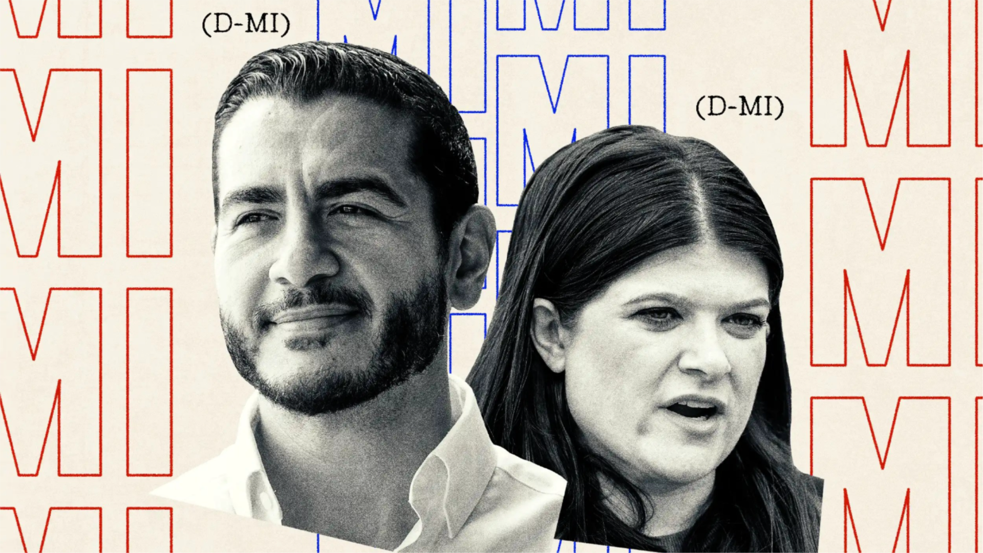 Abdul El-Sayed and Haley Stevens appear against a Michigan-themed backdrop in an illustration about the Democratic Senate primary.