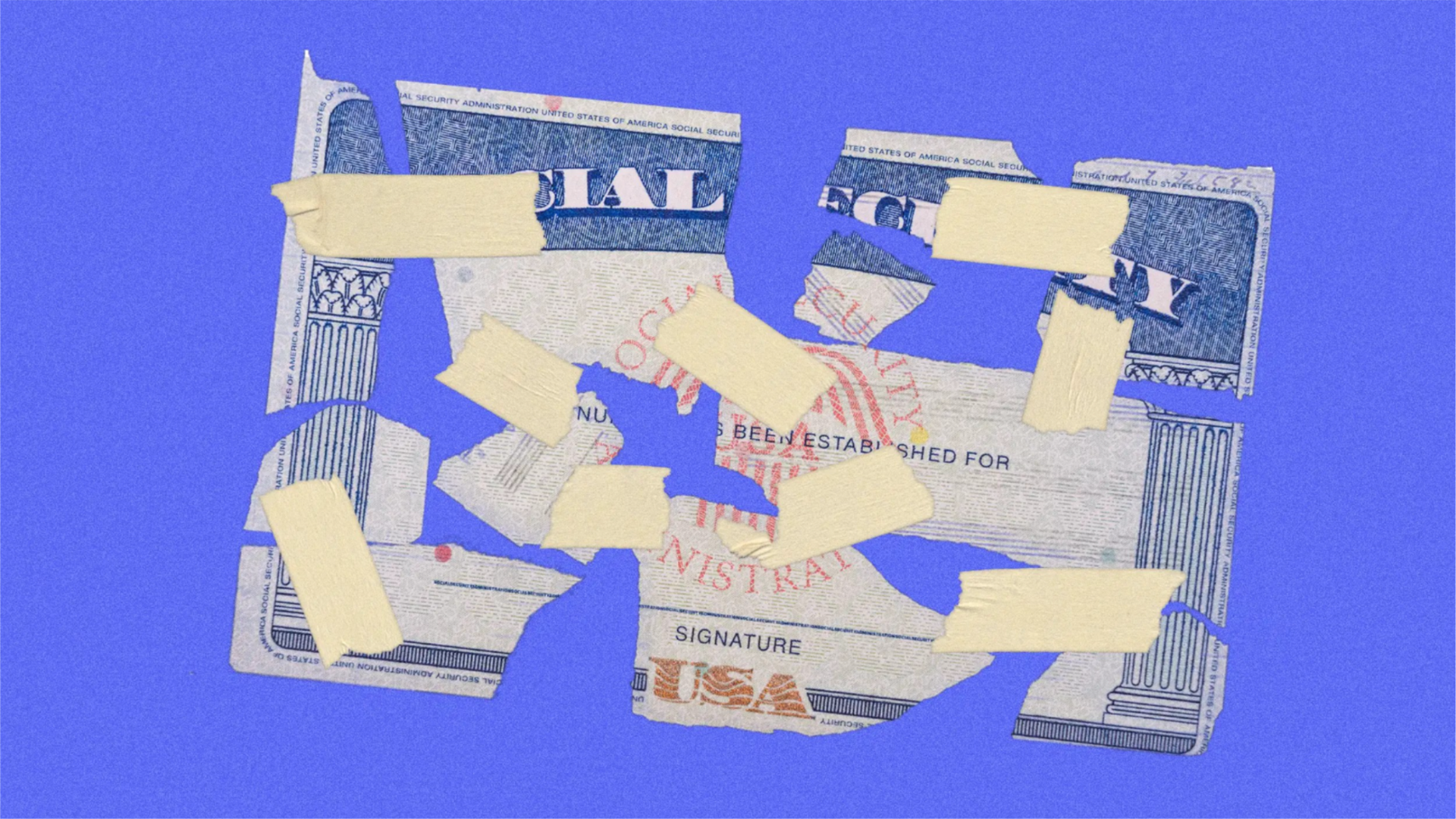 Photoillustration of a torn Social Security card pieced together with masking tape on a blue background.