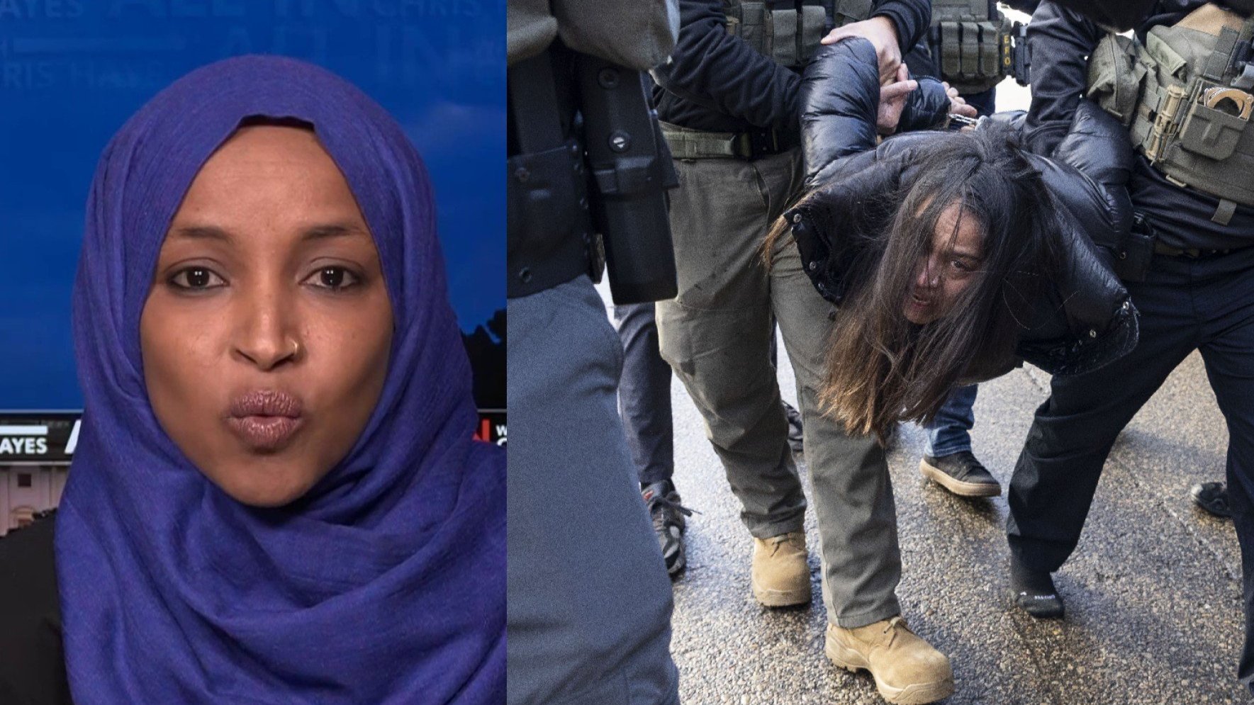 Rep. Ilhan Omar and a photo of someone being detained by federal officials