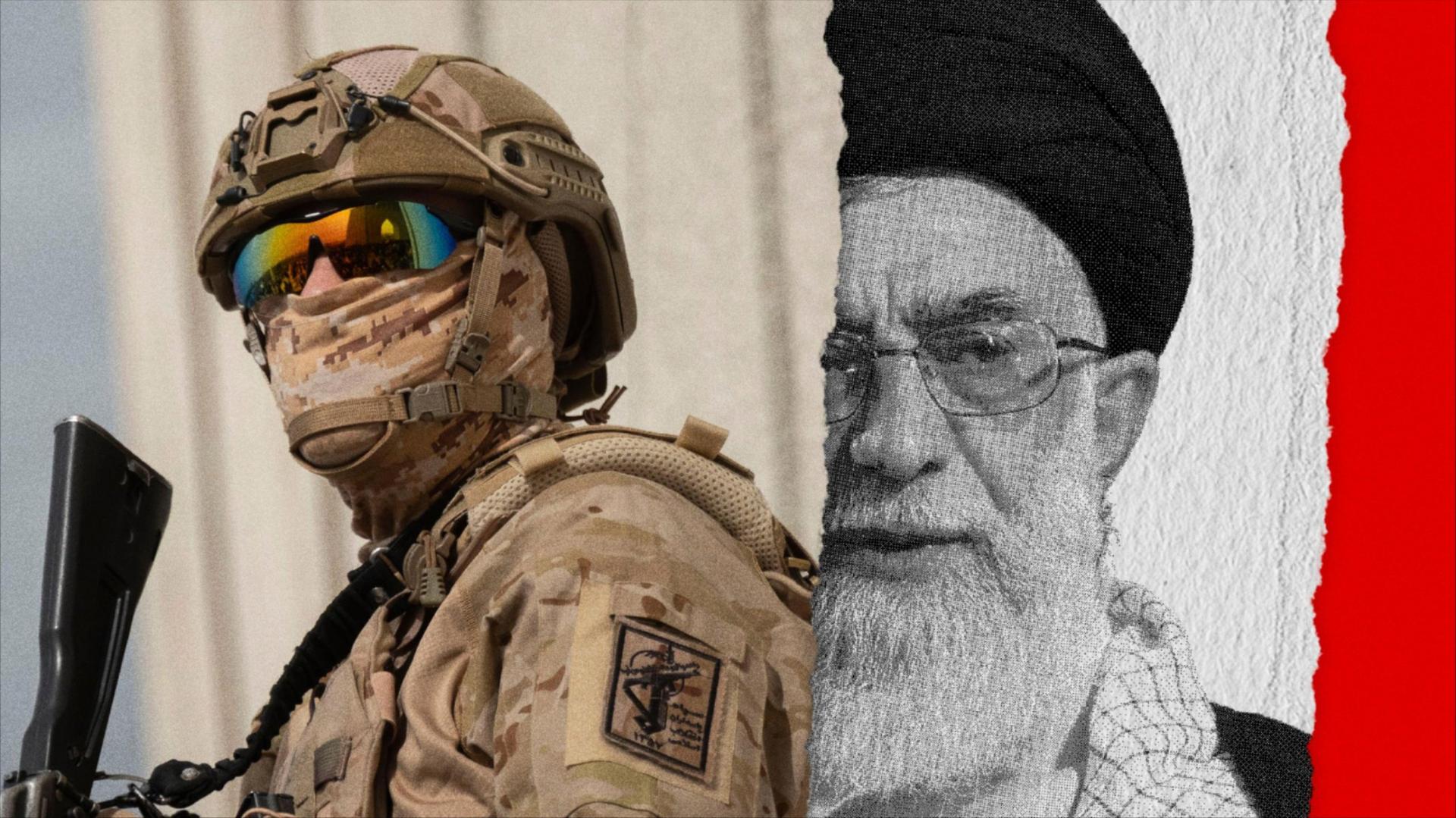 Photoillustration of Islamic Revolutionary Guard Corps member blocking an image of Ayatollah Ali Khamenei.