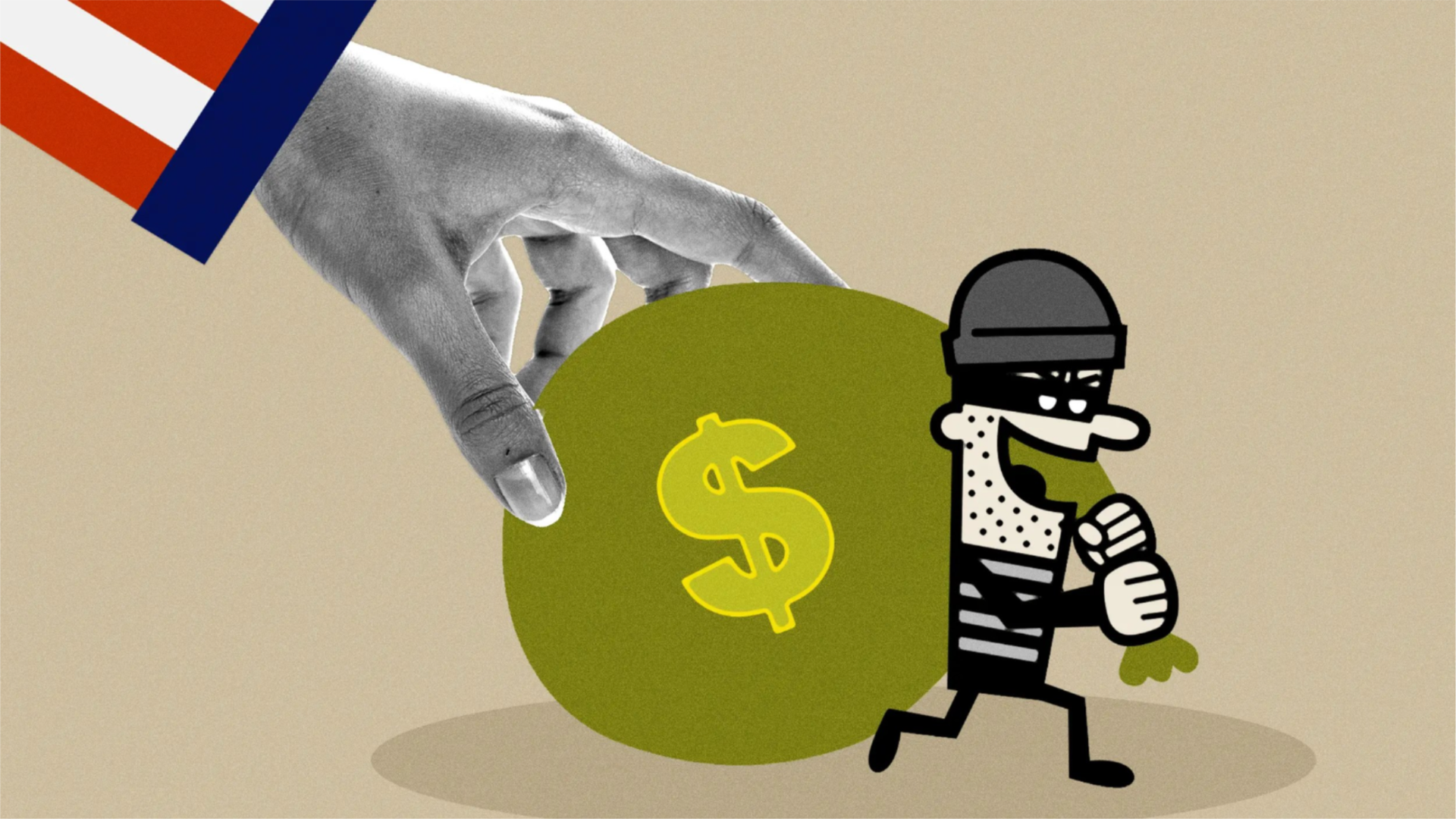 Illustration of a large hand in a red, white and blue sleeve lowering a green money bag with a dollar sign toward a cartoon burglar carrying it away