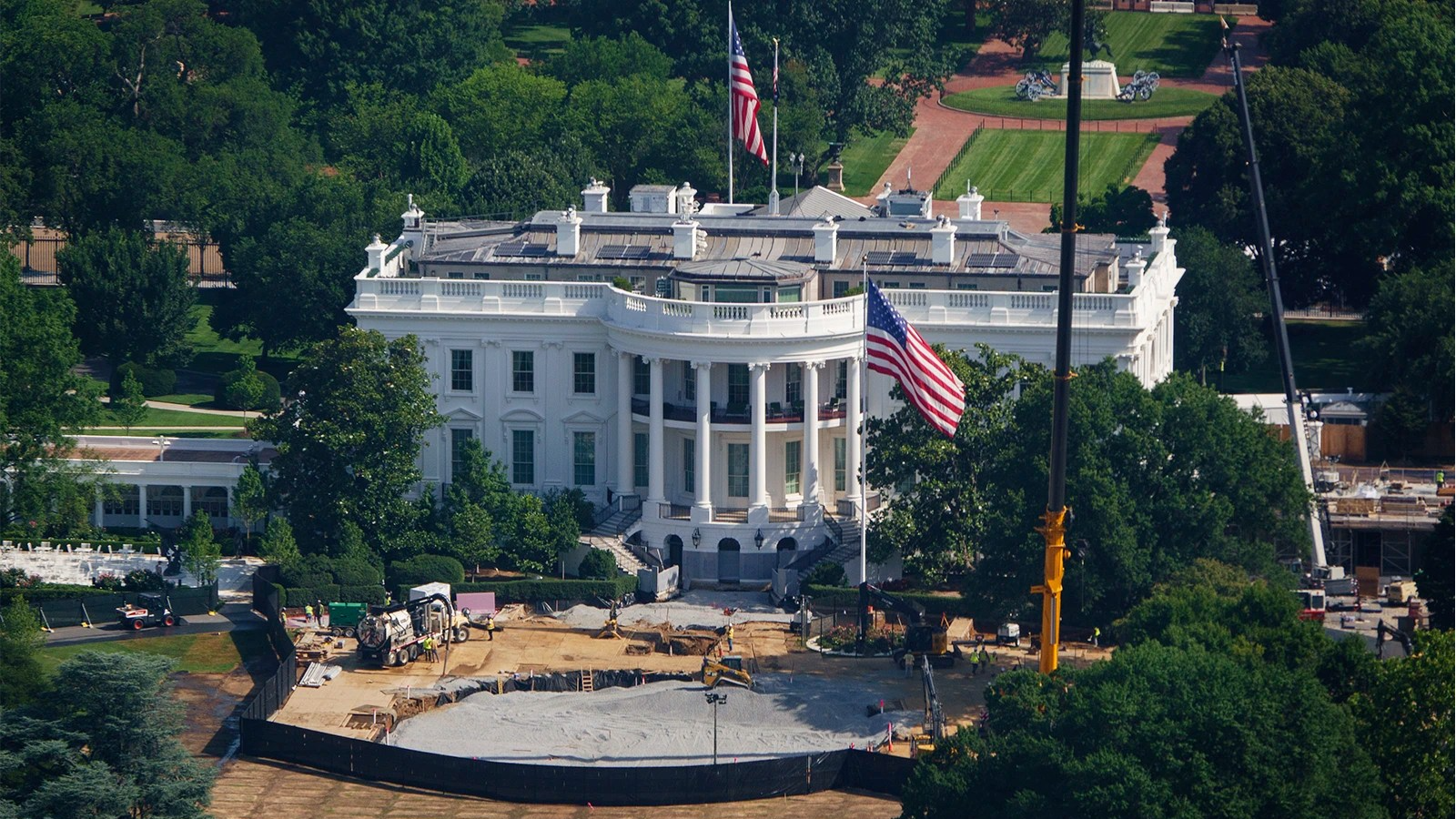 A helipad is constructed on the lawn in front of the White House.