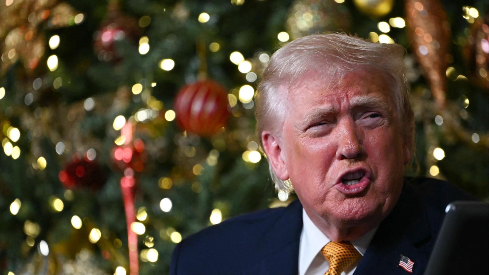 Donald Trump in front of a Christmas tree