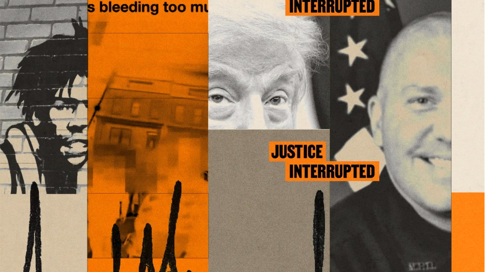 Photoillustration of Donald Trump, a D.C. police officer and body-camera imagery in an orange and black collage reading “Justice Interrupted.”