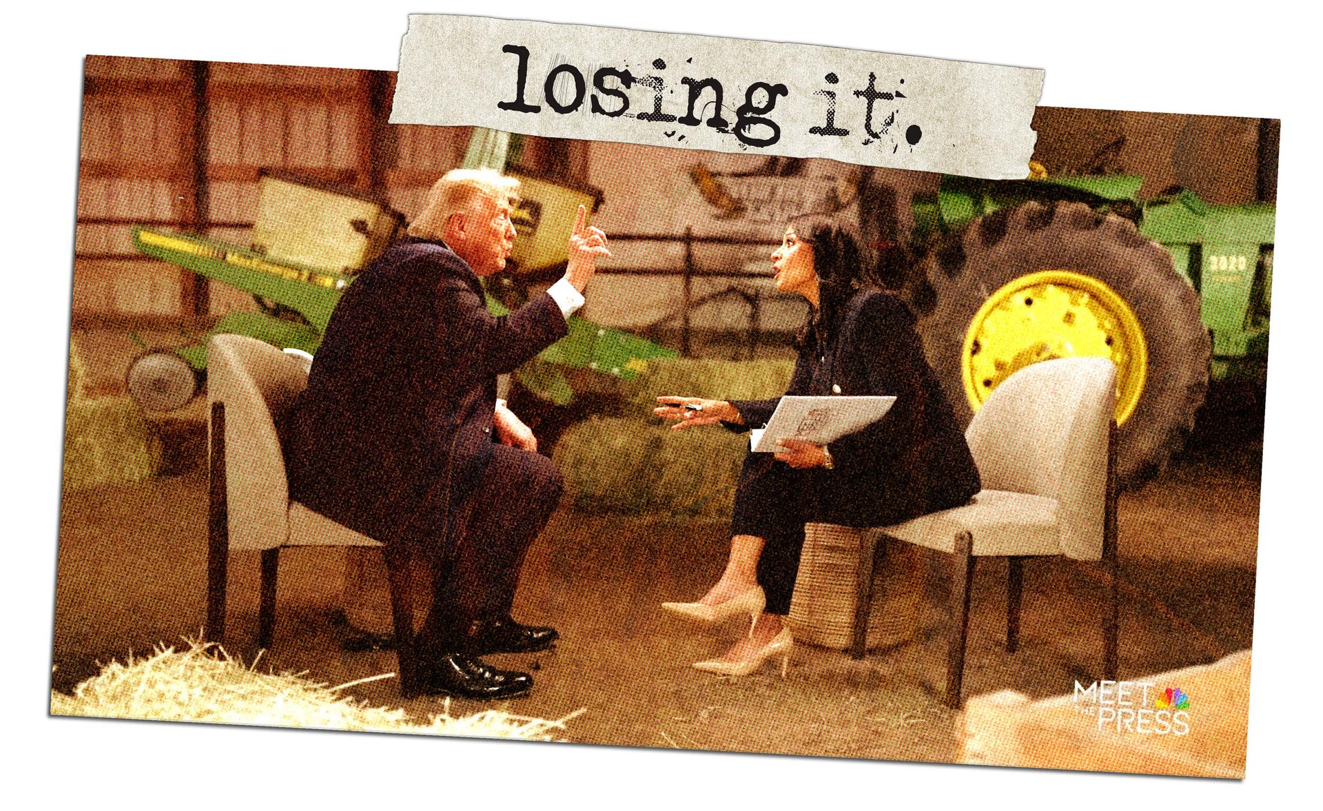 Image shows President Trump speaking with a CBS News “60 Minutes” host, with a tape above the image that reads “Losing it.”