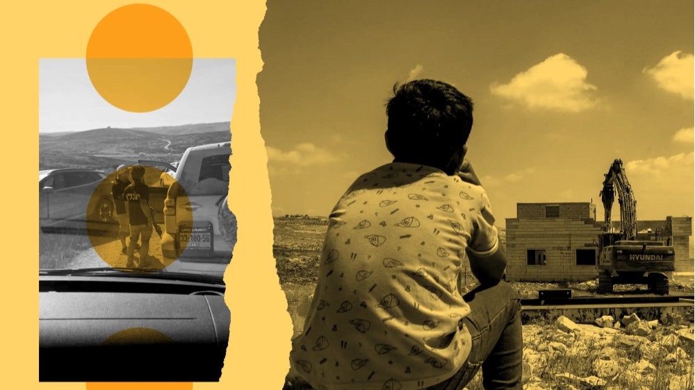 Armed israeli settlers stopping a car; a boy watches his home be destroyed by a back hoe
