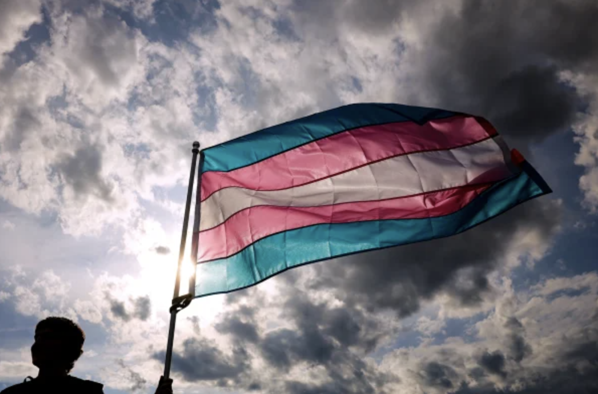 A trans flag waving in the wind