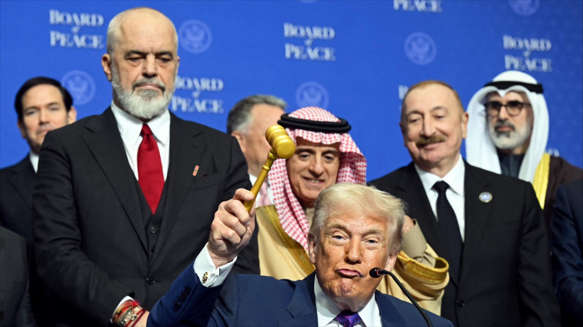 Donald Trump surrounded by world leaders