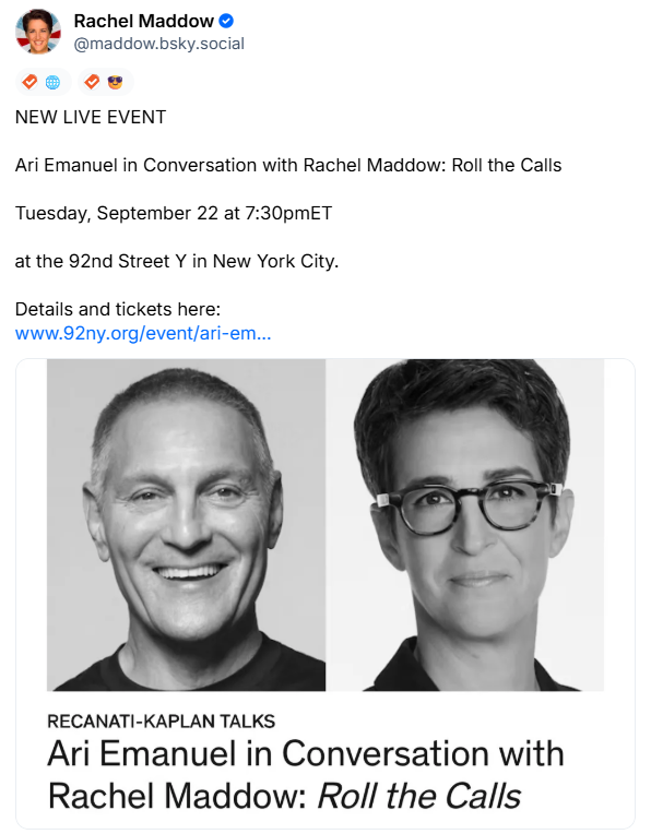 Rachel Maddow interviews Ari Emanuel at the 92nd Street Y on September 22