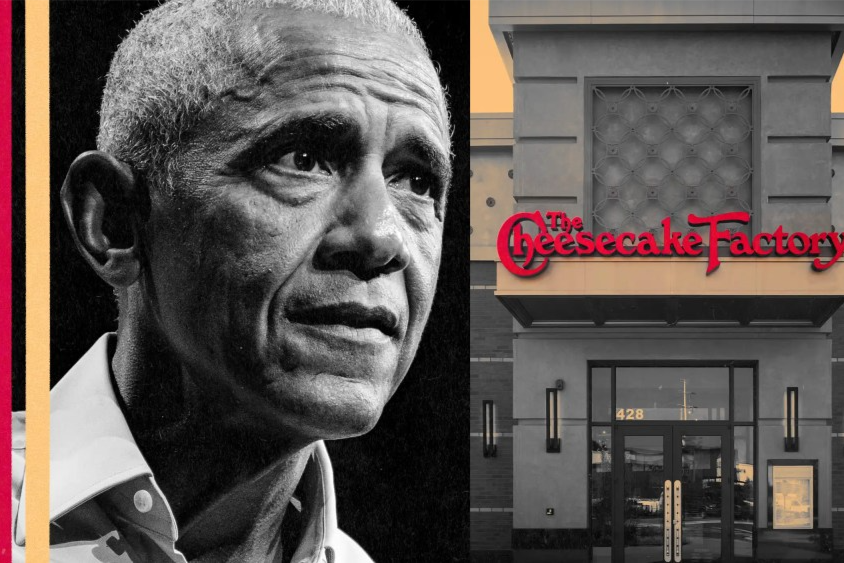A black-and-white portrait of Barack Obama appears beside the entrance and red sign of The Cheesecake Factory.