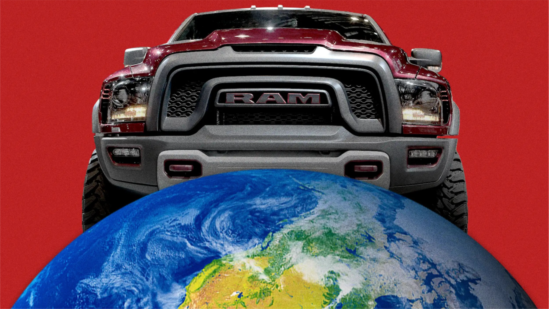 Photoillustration of a red Ram truck looming over Earth against a red background.