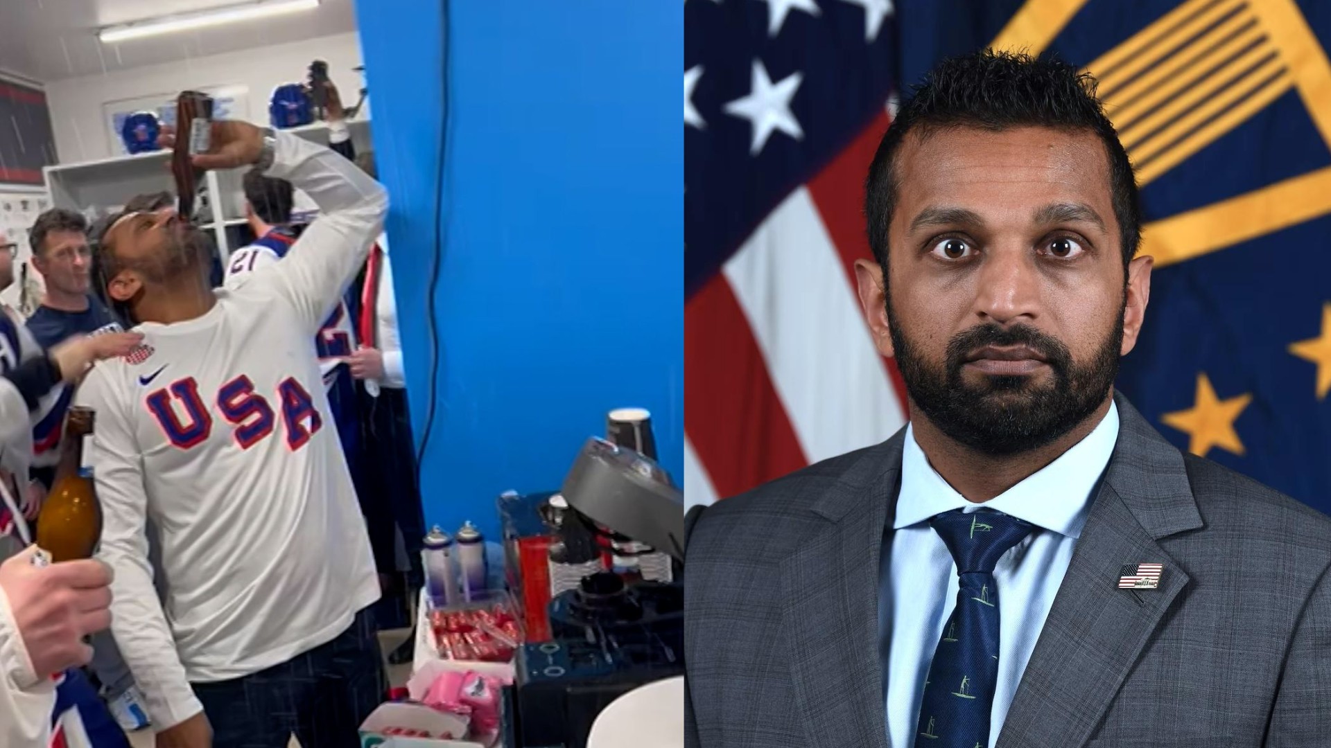 FBI Director Kash Patel celebrating USA hockey team win alongside his headshot