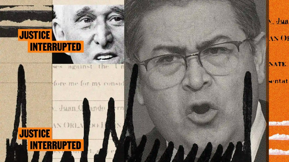 Photoillustration of Juan Orlando Hernandez, stylized, beside a stylized photograph of Roger Stone, surrounded by copies of Hernandez’s Presidential pardon, lines of cocaine and President Donald Trump’s signature.