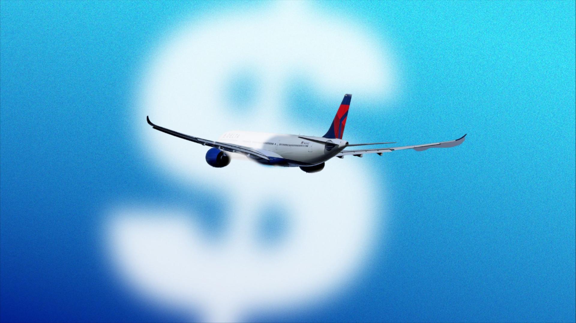 An illustration of an airplane flying through a dollar sign cloud