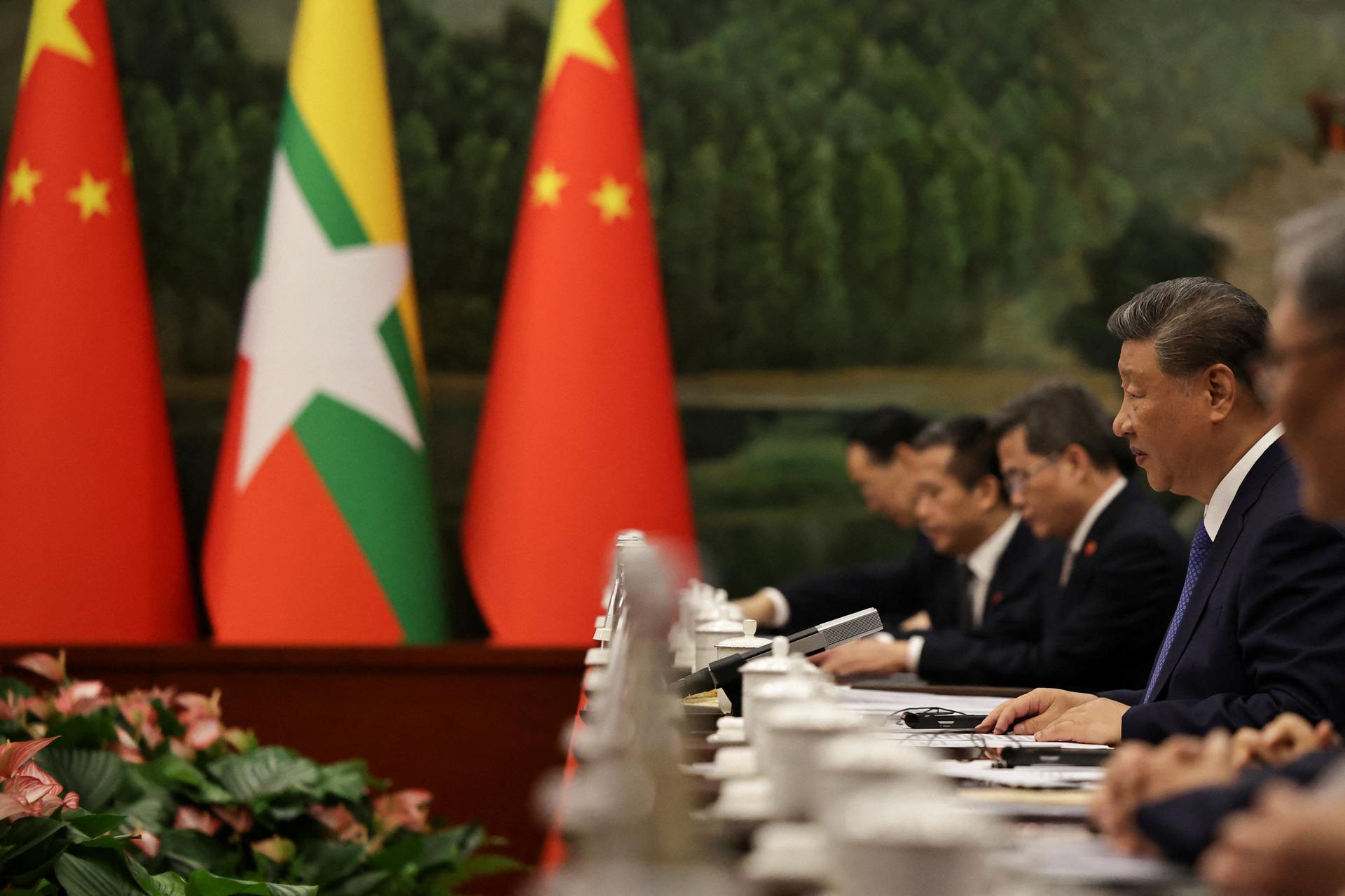 China’s President Xi Jinping speaks during a bilateral meeting with Myanmar's military chief, Senior General Min Aung Hlaing (not pictured), ahead of the Shanghai Cooperation Organization (SCO) Summit 2025, in the Guest House of Tianjin, China, 30 August, 2025.