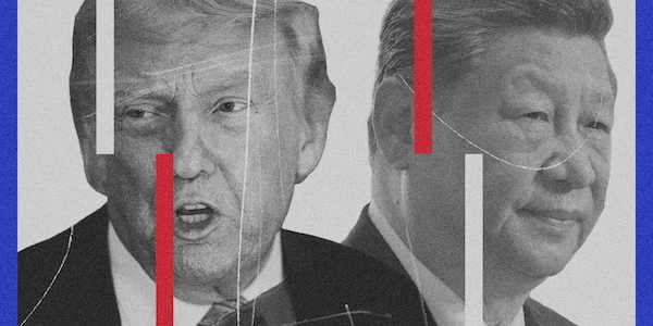 A collage of Trump's face and Xi Jinping's face