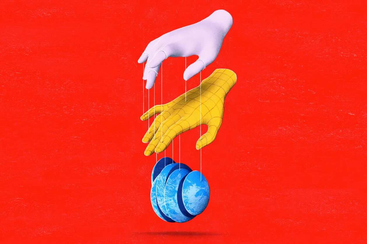 Two hands stacked above a sliced globe, all held together with puppet strings