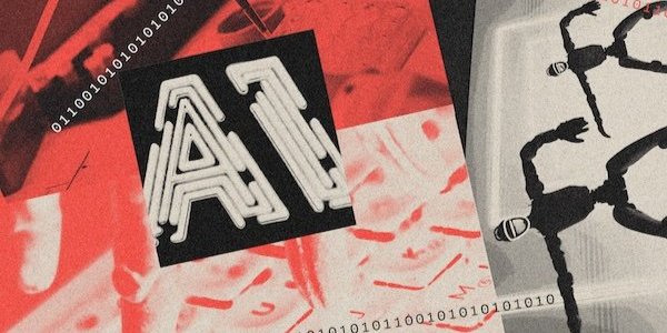 A black, white, and red collage of binary numbers, an AI neon sign, and robot images