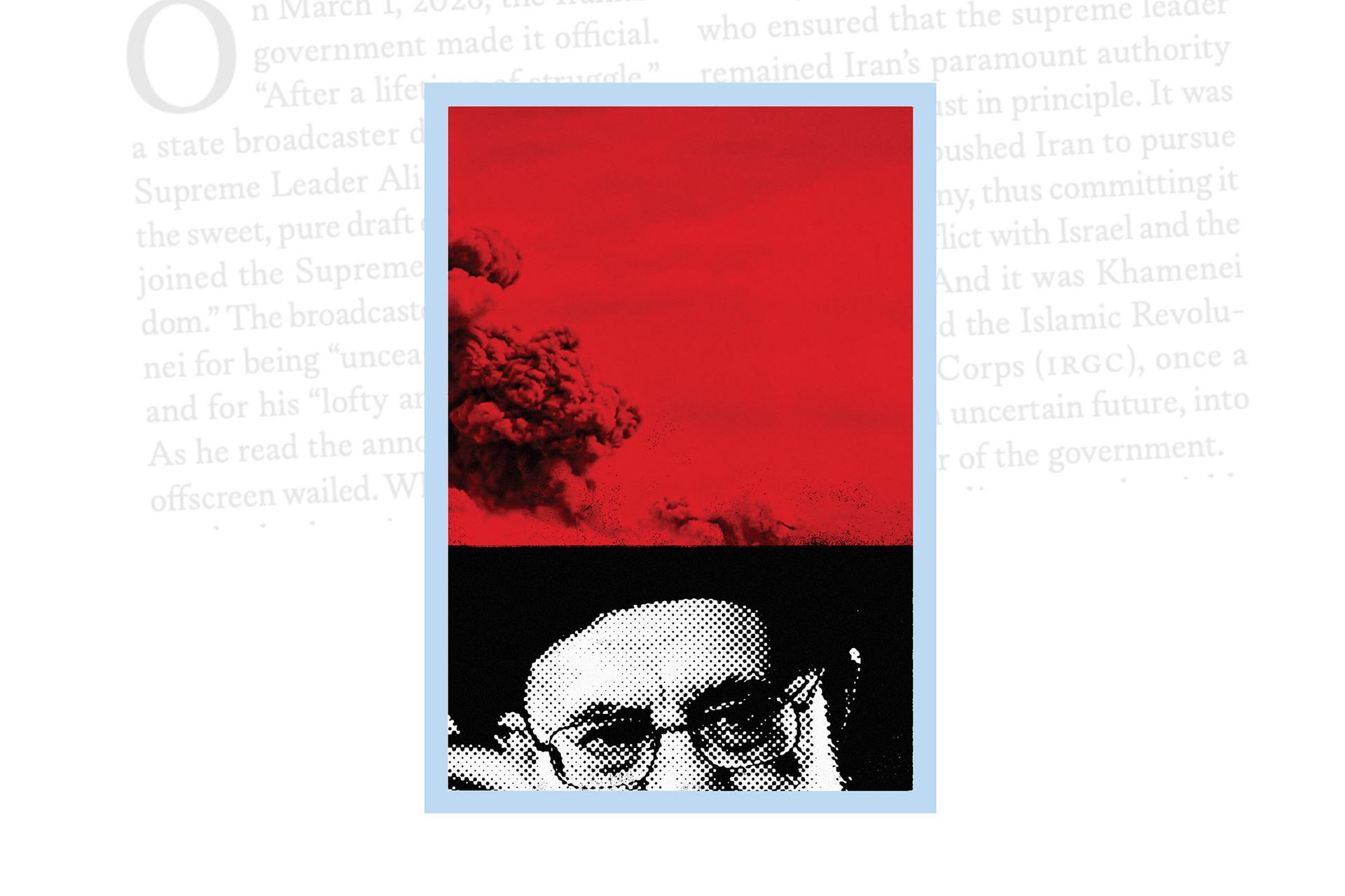 Collage of Supreme Leader Ali Khamenei mixed with red smoke