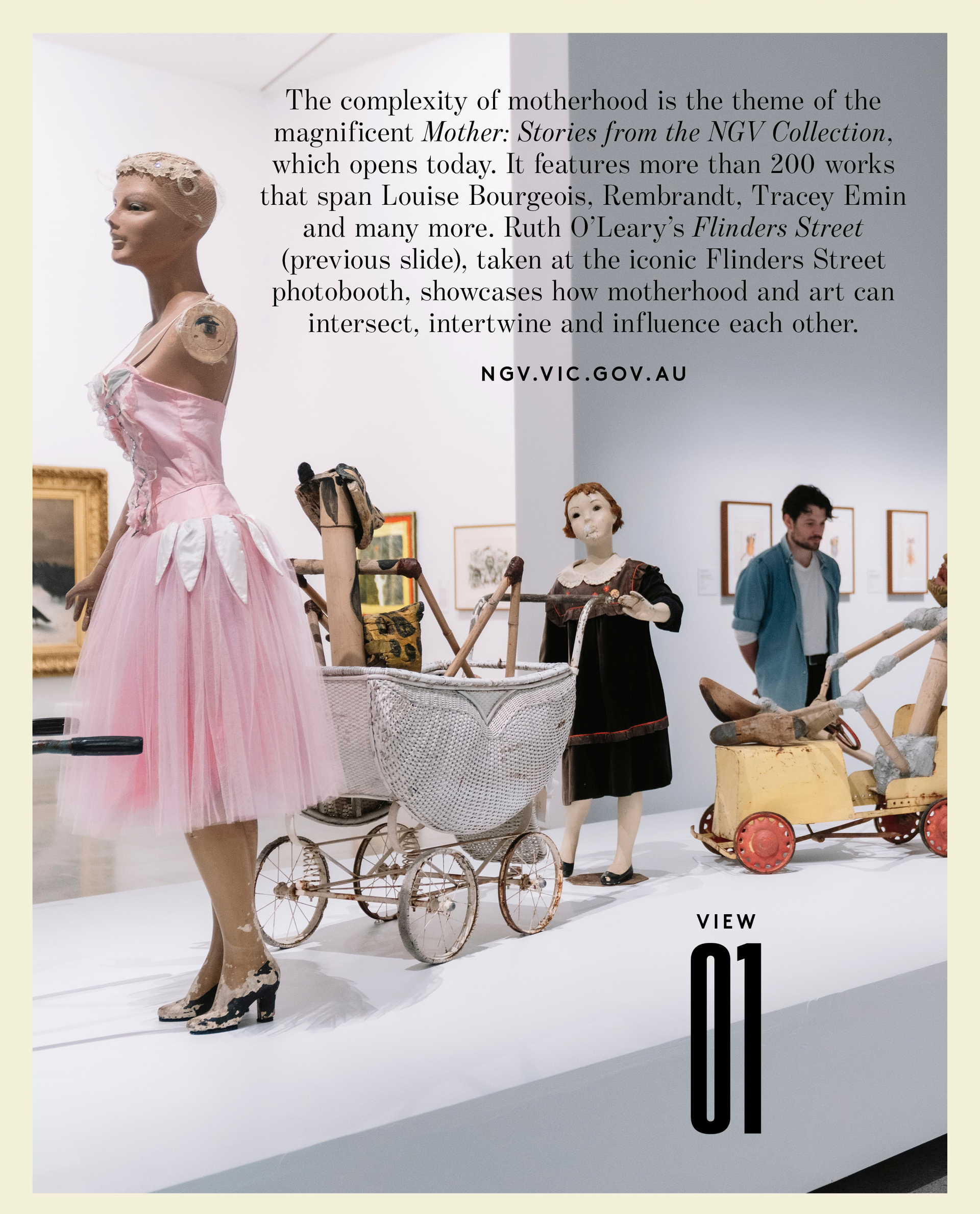 Art exhibition showing battered mannequin in a pink dress and a smaller mannequin pushing a pram