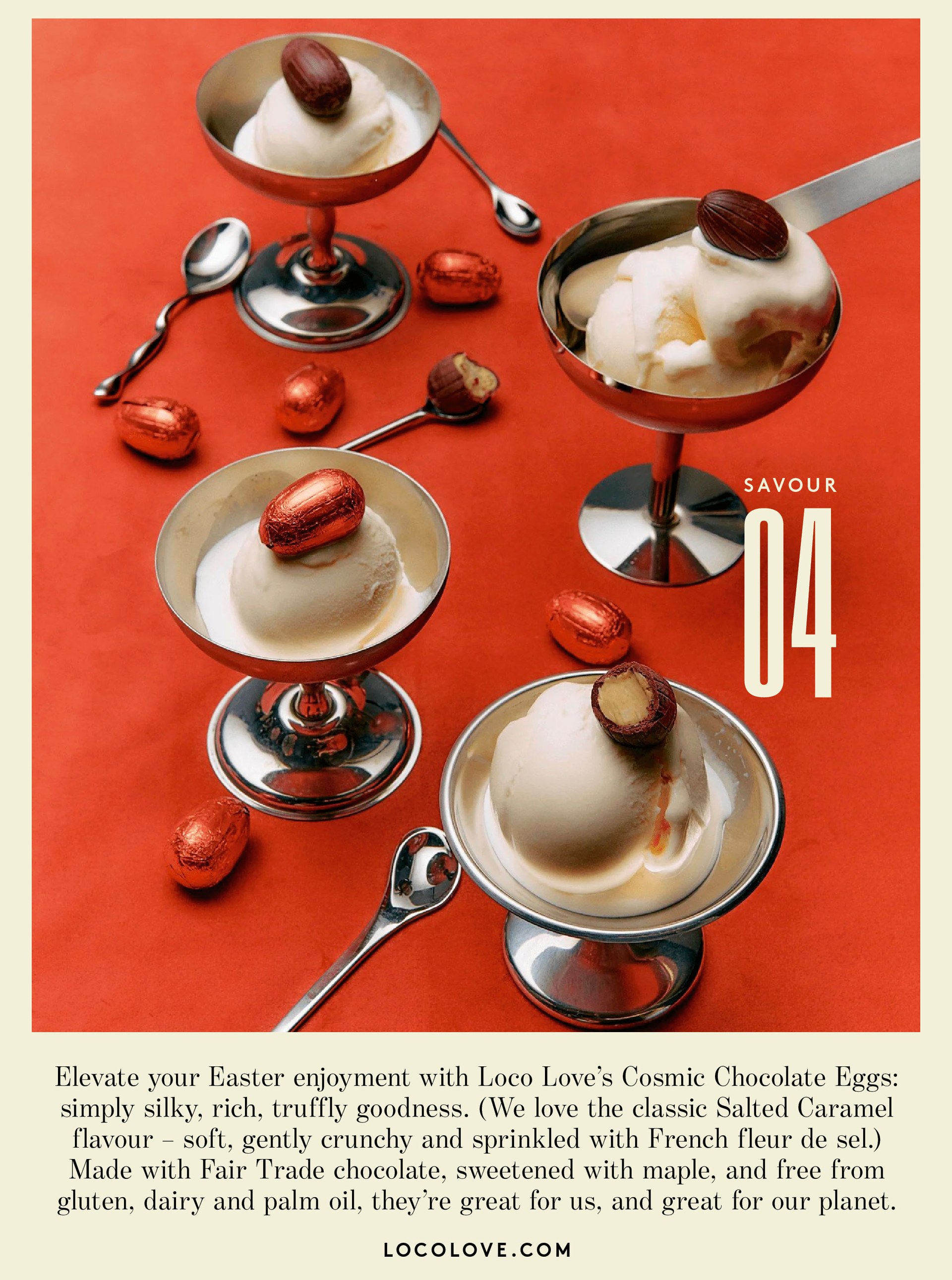 Four silver golblets each with a scoop of ice cream topped with chocolate eggs