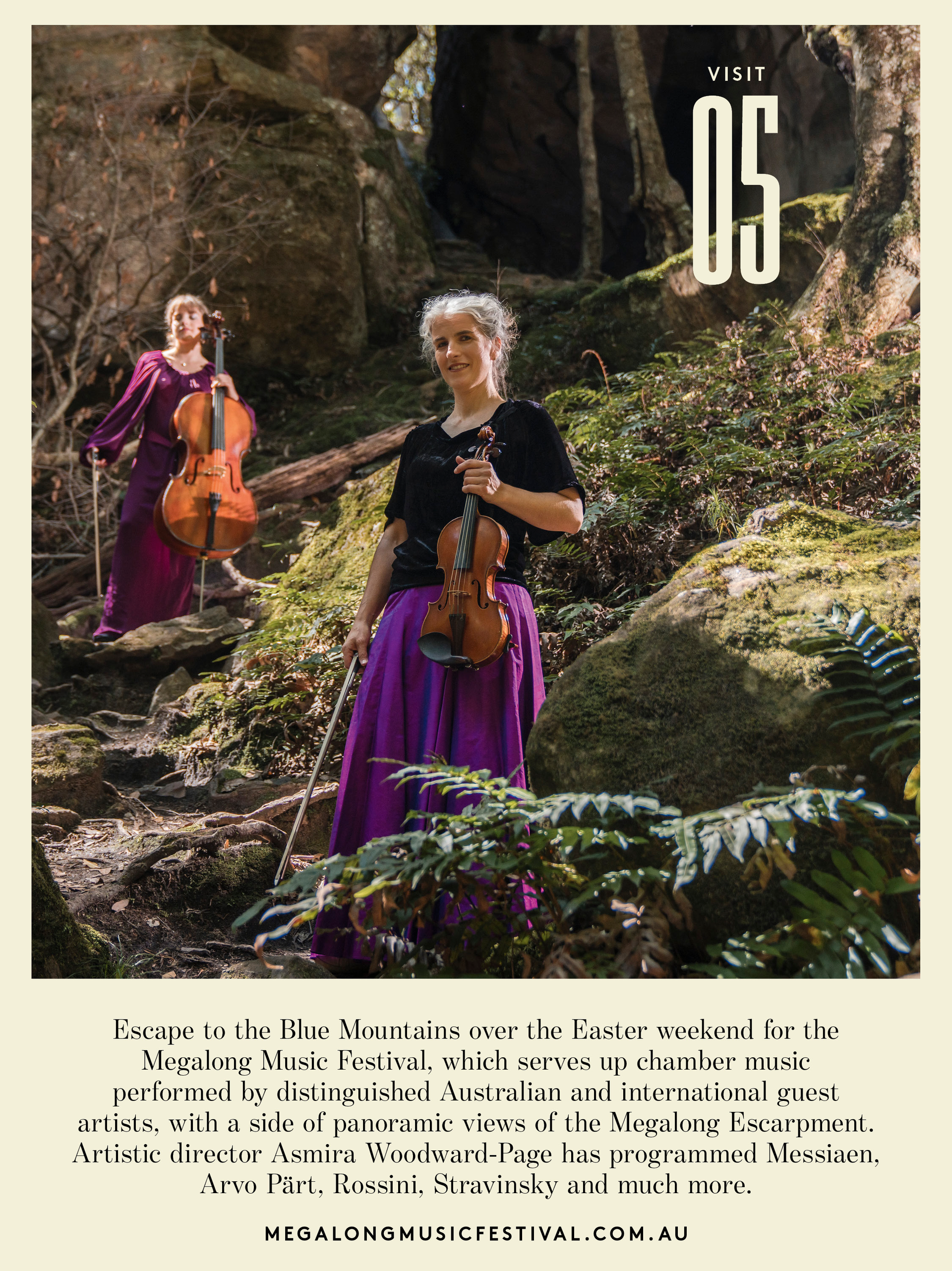 Two women, one holding a cello and one holding a violin, stand in a woodland