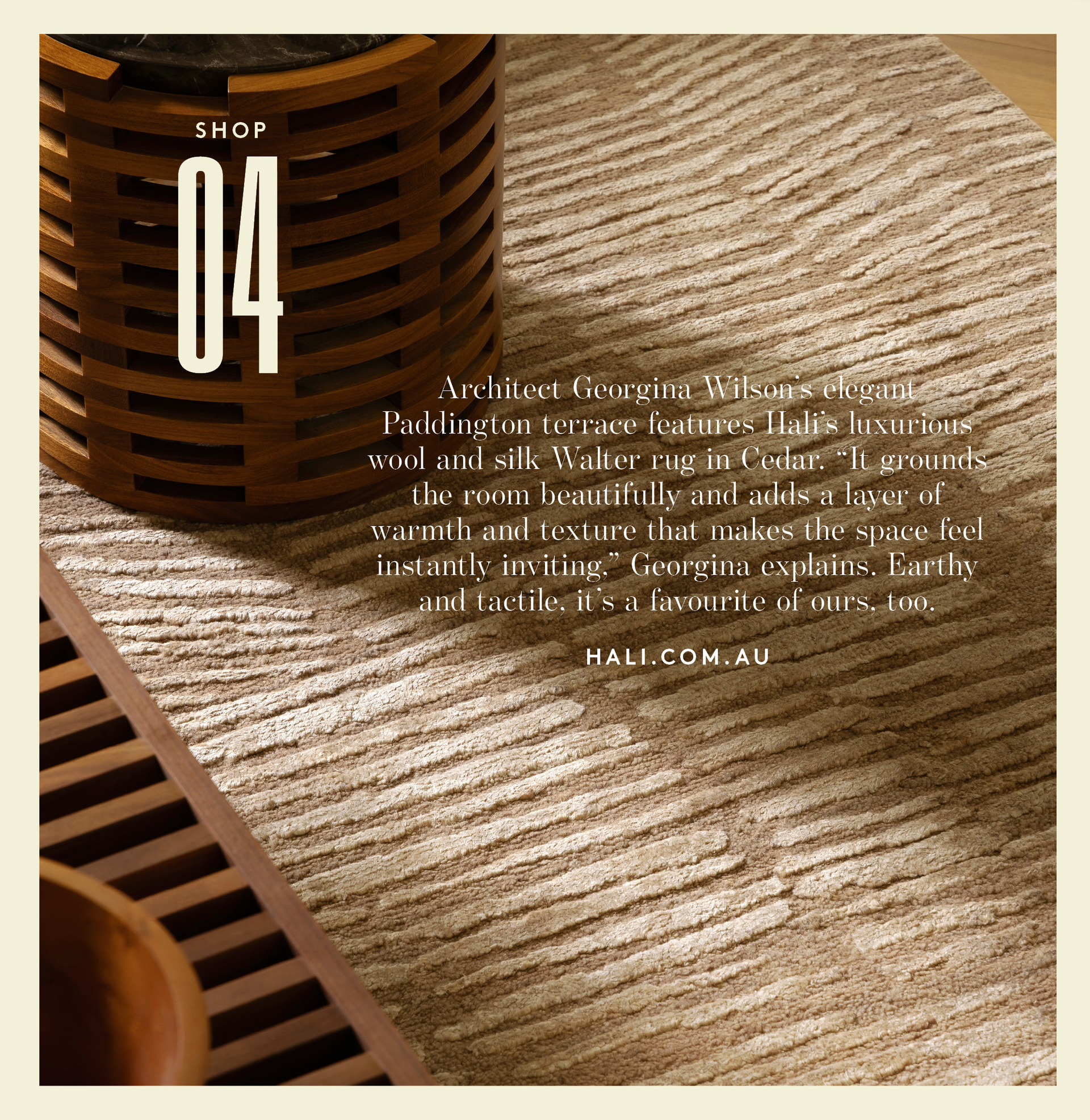 A neutral light-brown rug with a raised stripy pattern
