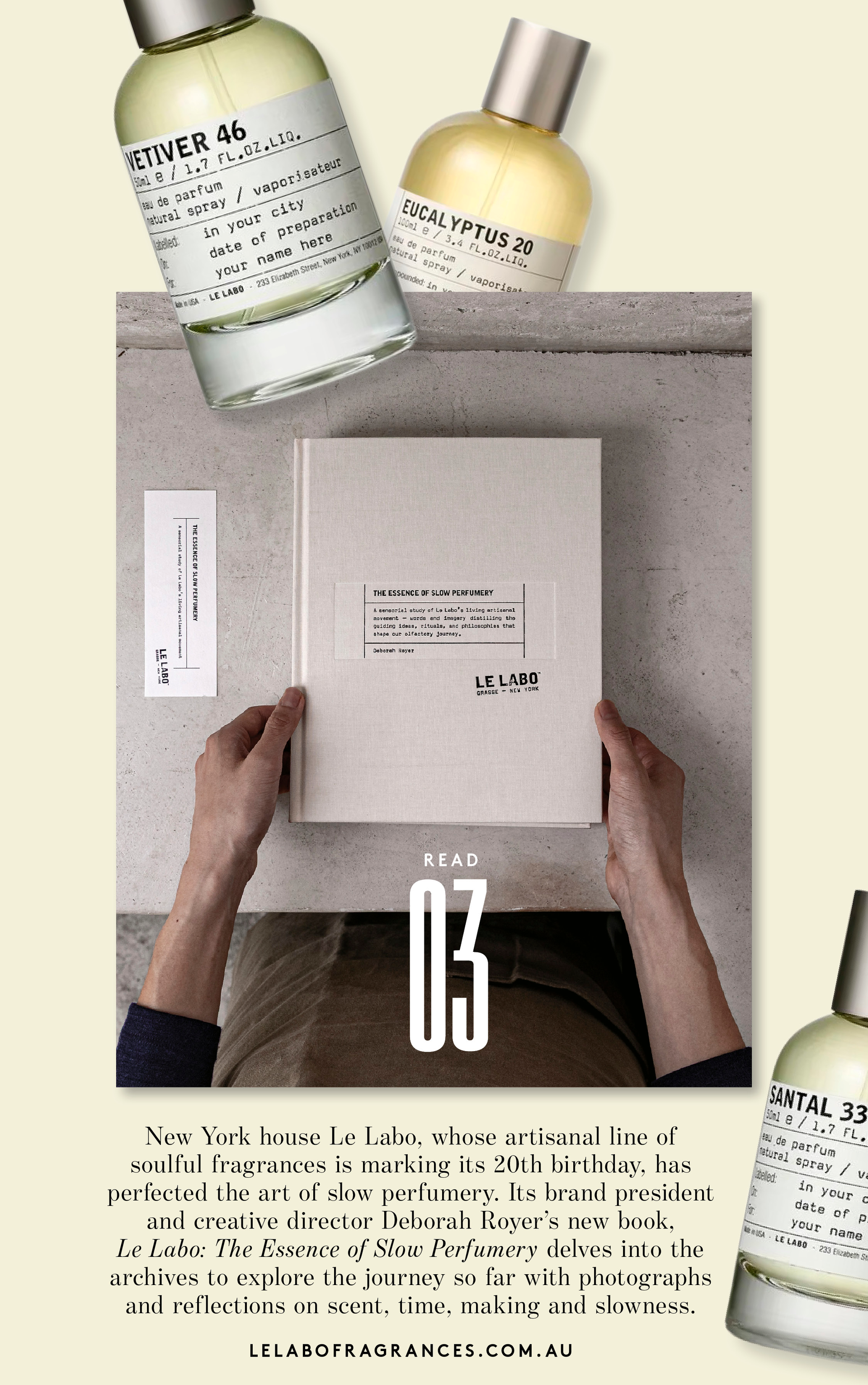 Hand open a white book titled Le Labo on a white surface