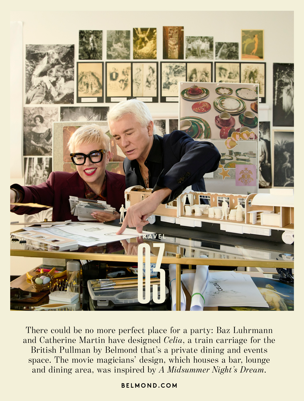 Catherine Martin and Baz Luhrmann with their design for a British Pullman train carriage