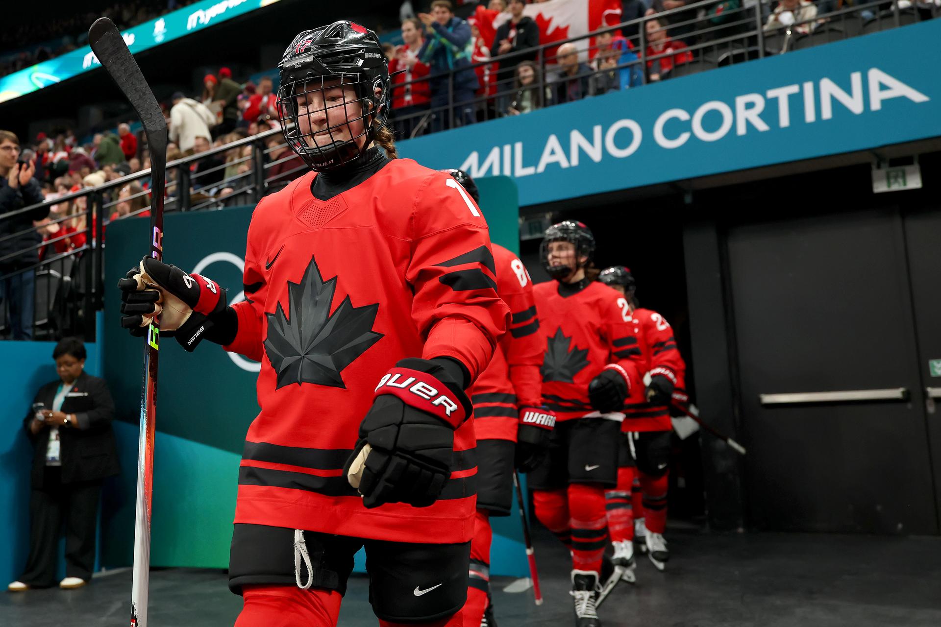 Ella Shelton of Team Canada walks out to the ice prior to the second period during the Women's Playoffs Semifinal match between Canada and Switzerland on Day 10 of the Milano Cortina 2026 Winter Olympics.