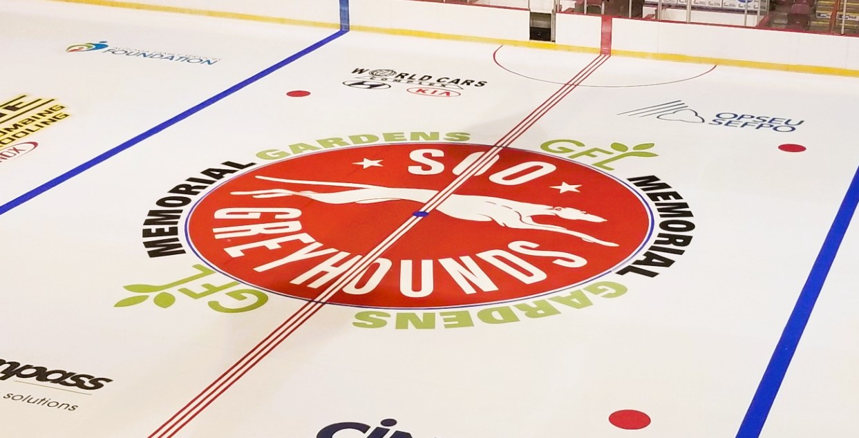 Centre ice at the GFL Memorial Gardens, home of the Sault Ste. Marie Greyhounds.