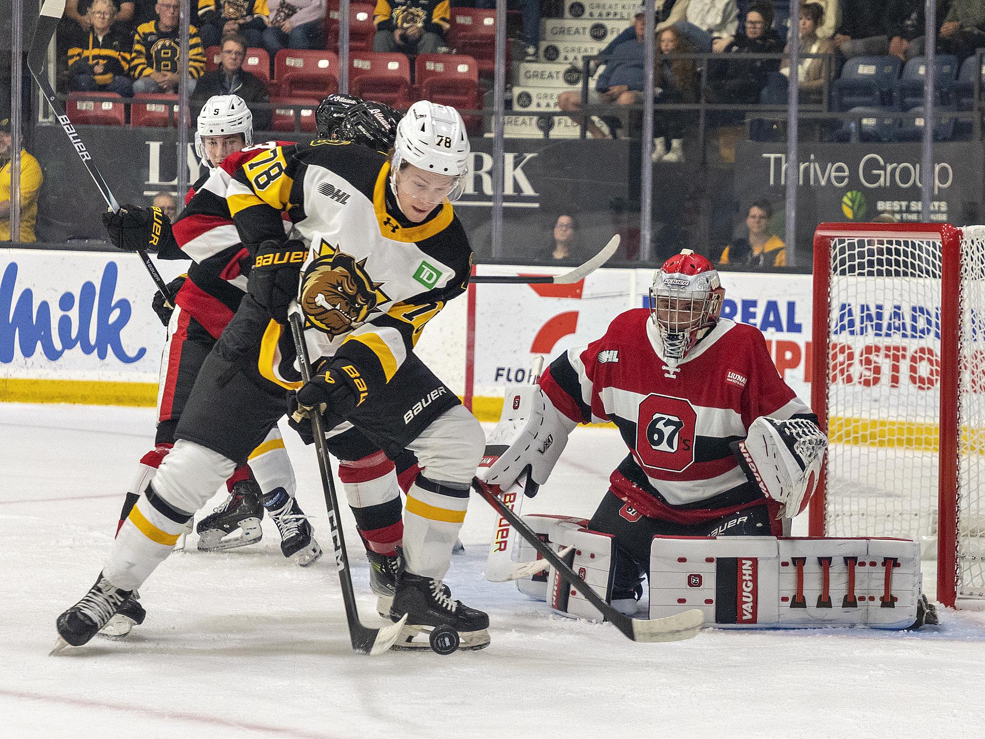 Brantford Bulldogs forward Marek Vanacker attempts a backhanded shot during a recent OHL game against Ottawa.