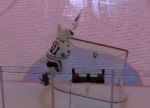 Bones, the mascot for the Niagara IceDogs, slams into the side of the net before a recent game. 