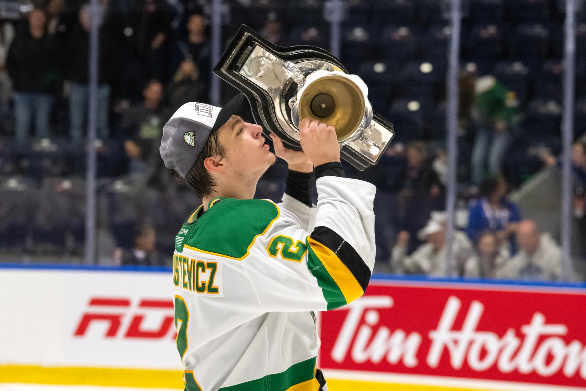 Henry Brzustewicz celebrates after winning the 2025 Memorial Cup with the Ontario Hockey League’s London Knights.