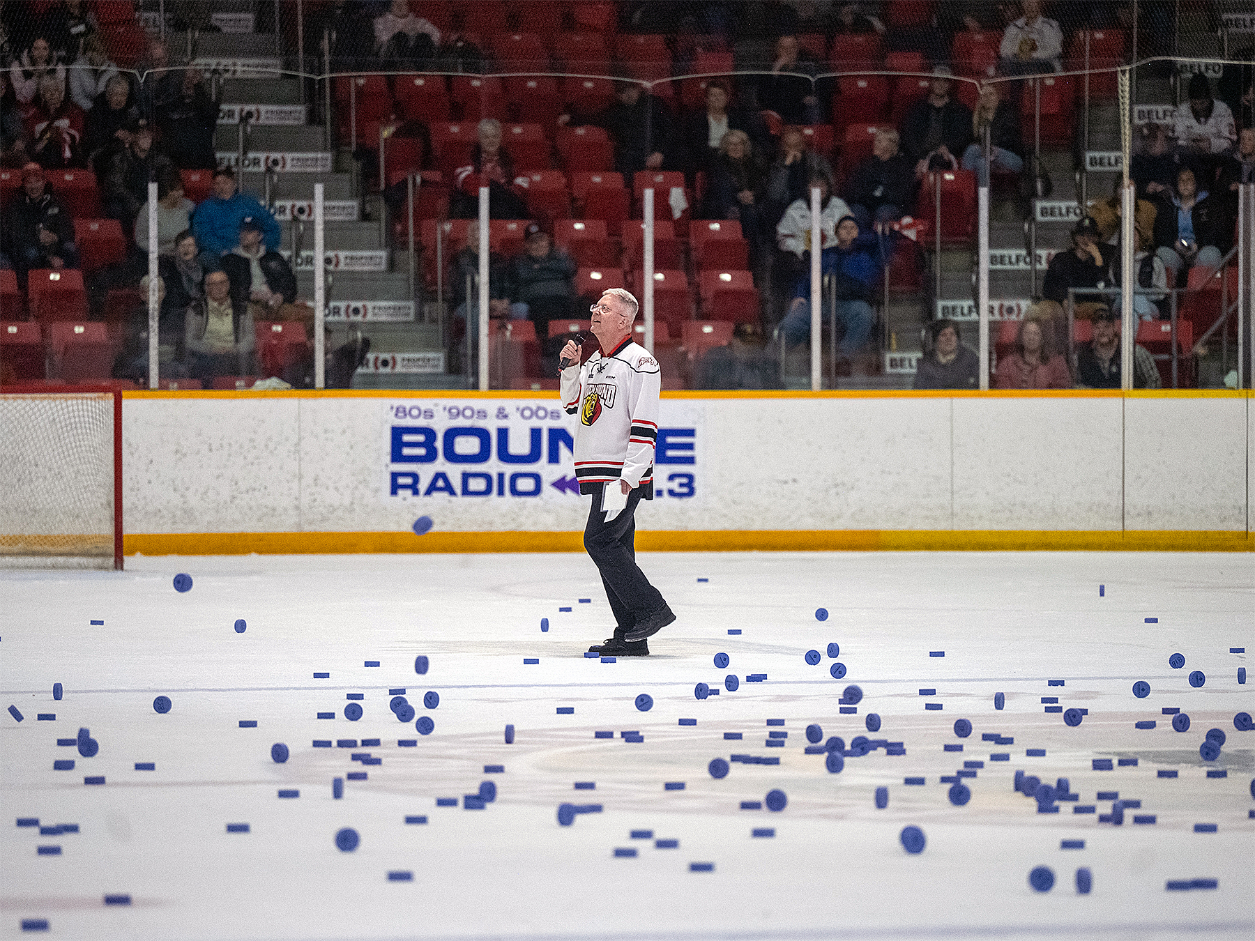 Dave Middleton is host for the chuck-a-puck contest during the Owen Sound Attack's Bruce Power Hockey Fights Cancer game in support of the Canadian Cancer Society.