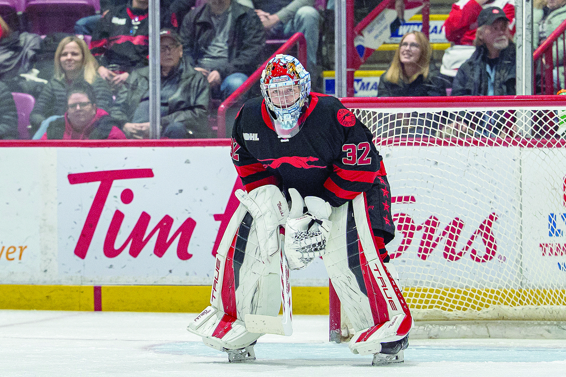 Sault Ste. Marie Greyhounds goaltender Carter George focuses while standing in the crease. 