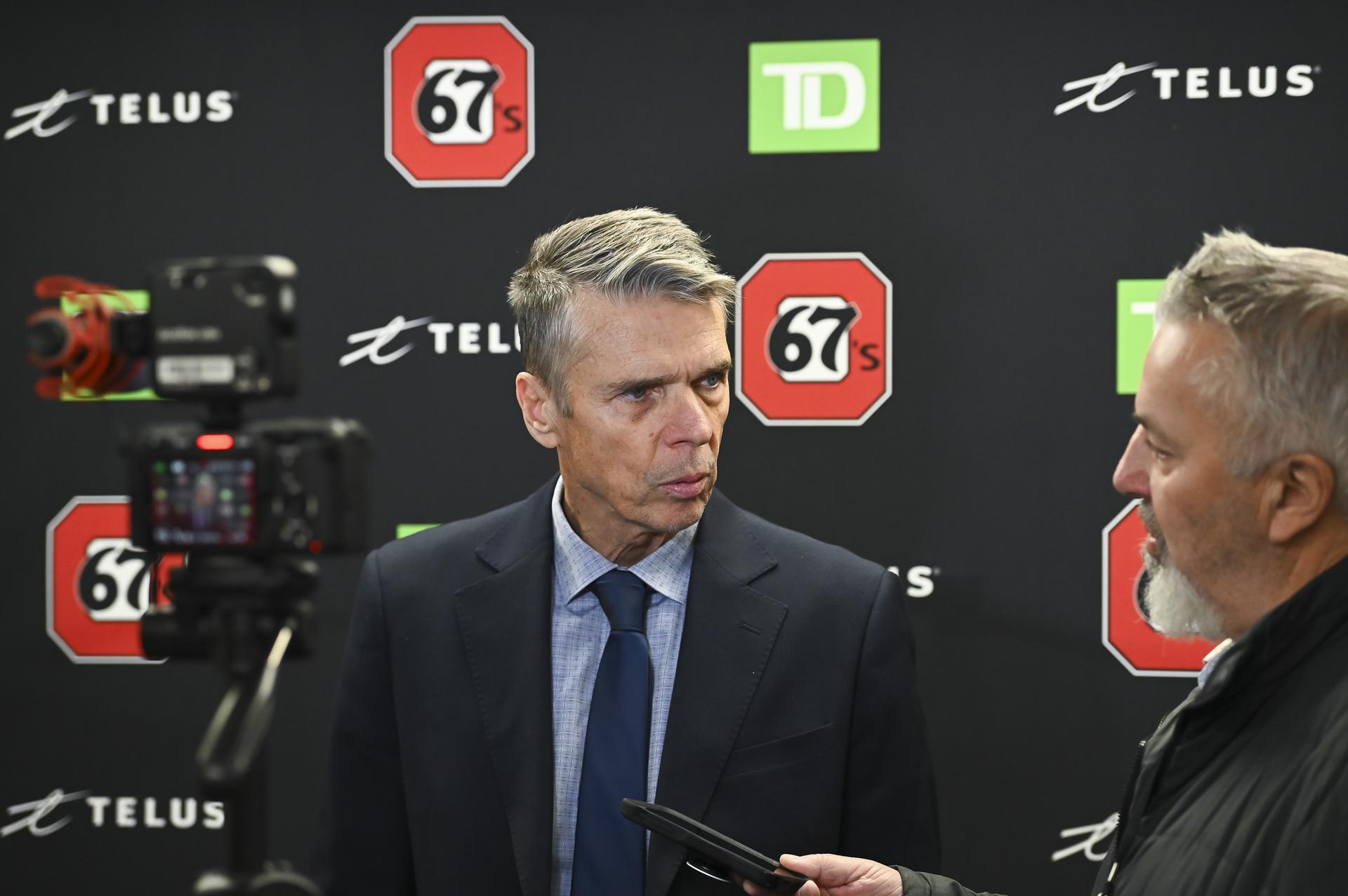 Ottawa 67's head coach Dave Cameron holds court during a media session.